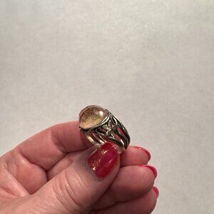 Boho Floral Silver Ring with Pink Faceted Stone - Size 8